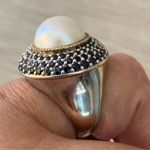 Vintage Sapphires Mabe Pearl Sterling 925 Cocktail Ring NF Thailand